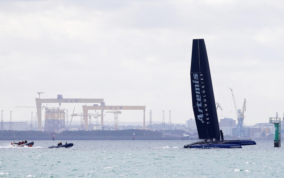 Press Eye - Belfast - Northern Ireland - 17th October 2018 -
ARTEMIS TECHNOLOGIES TAKES FLIGHT
One of the world’s fastest yachts, the AC45f, was in Belfast today helmed by double Olympic gold medallist and America’s Cup veteran Iain Percy. The foiling AC45f, not seen before in Ireland, is owned by Artemis Technologies who will launch a major investment project in Belfast on Thursday aimed at the decarbonisation of maritime.
Photo by Kelvin Boyes / Press Eye